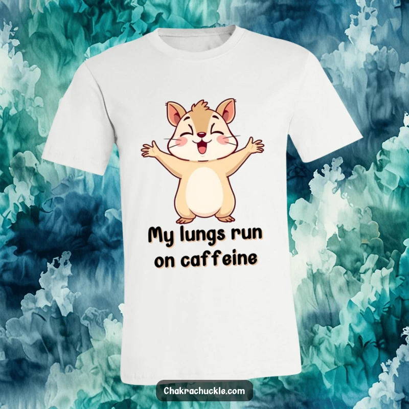 Funny t-shirt showcasing a determined squirrel stretching its arms wide, taking a deep, mindful breath with a funny expression.