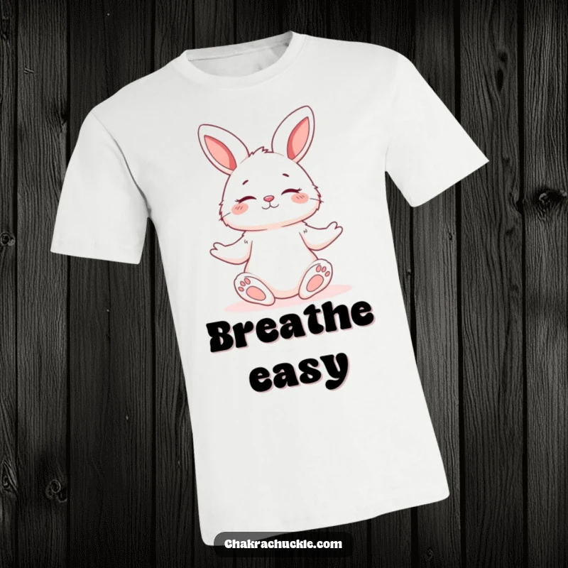 Funny soft t-shirt featuring a fluffy bunny in a relaxed yoga pose, eyes closed serenely with a smiling face.