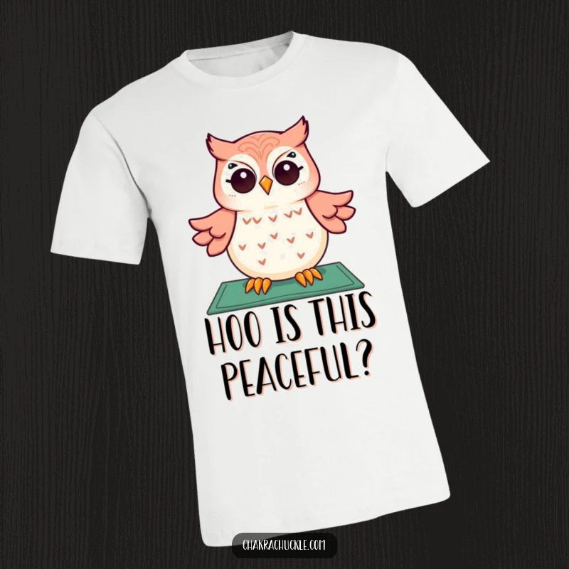 Funny t-shirt showcasing a giggling owl in deep meditation, floating above a yoga mat, radiating joy and humor.