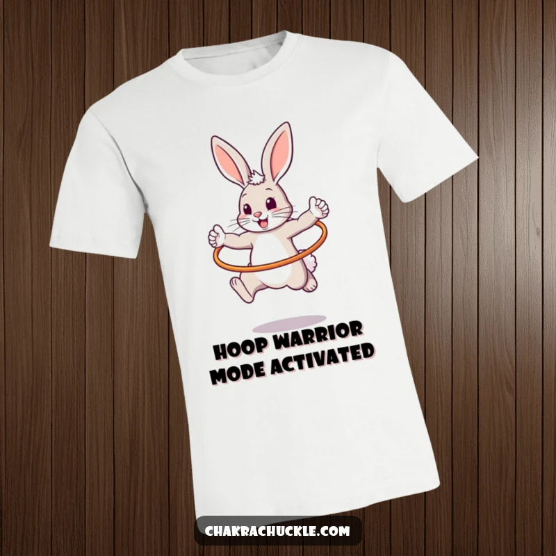 Funny t-shirt depicting a cheerful, bouncy bunny executing a warrior pose while leaping through a hula hoop with determination.