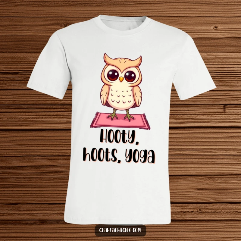 Funny curious owl t-shirt character balancing on a tiny yoga mat, eyes wide open, showing mindful amusement.