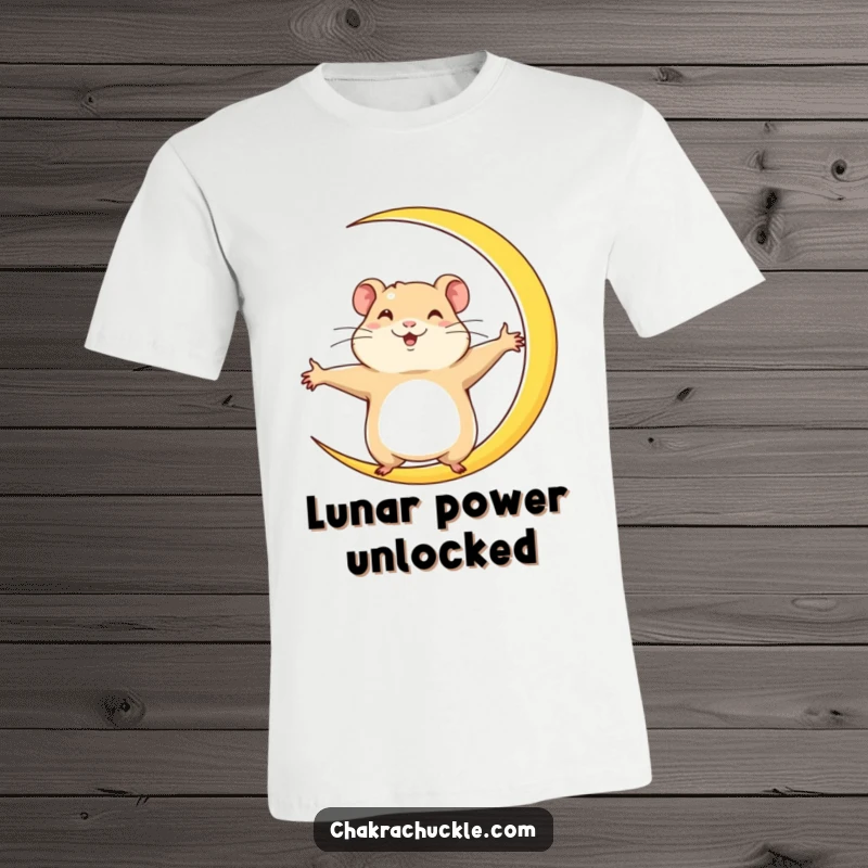 Funny Hamster T-Shirt: A determined hamster stretches wide into a crescent moon yoga pose, showing focus and ambition with joyful energy.