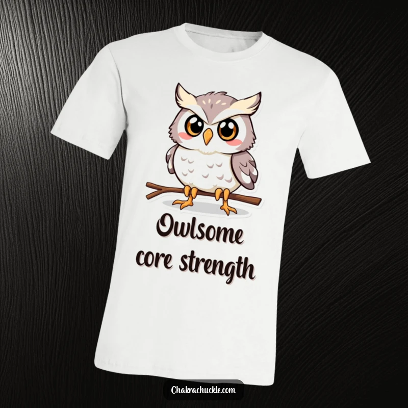Funny Owl Plank T-Shirt: A happy owl in a determined plank pose, eyes wide, ready for humorous exercise.
