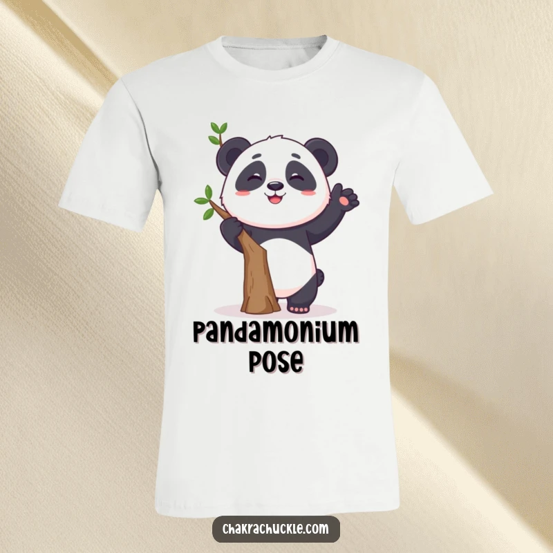 Funny t-shirt featuring a curious panda humorously trying a tree pose, wobbling with a grin, embodying gentle determination.