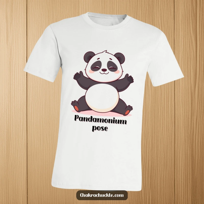 Funny Panda Yoga T-Shirt: Giggling panda attempting a difficult yoga pose with a humorous wobbly grin.