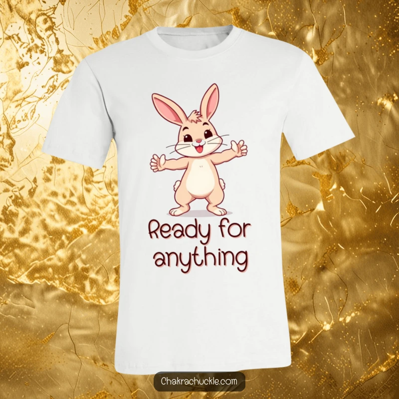 Funny bouncing bunny practicing a playful warrior pose, arms outstretched, on a comfortable t-shirt.