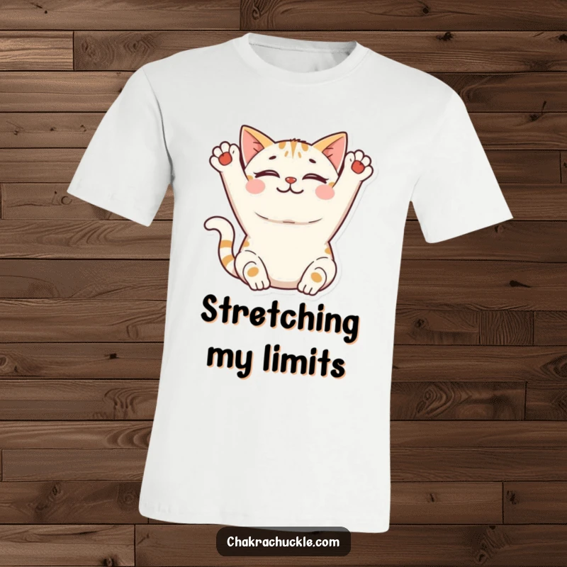 Funny Cat Yoga T-Shirt: A smiling cat stretches its front paws upwards in a pose of pure peace and feline grace.