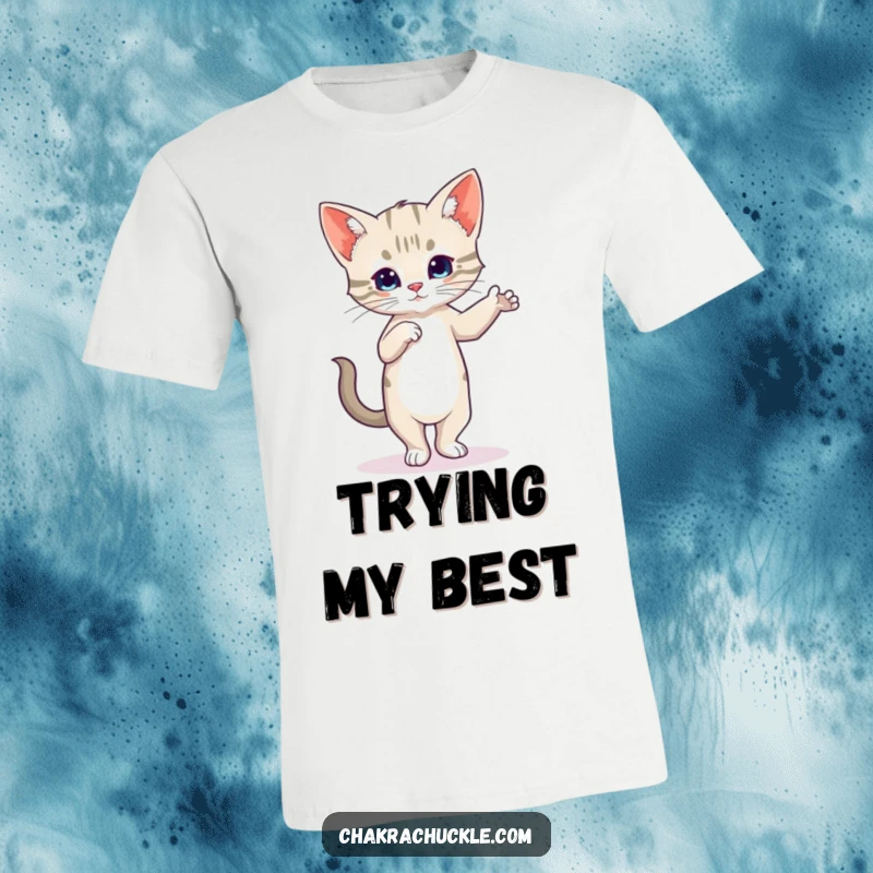 Funny Wobbly Kitten T-Shirt depicting a cat trying Tree Pose with a look of extreme concentration.