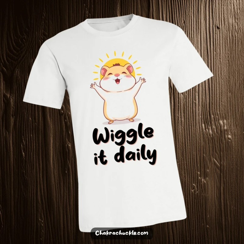 Funny Hamster T-Shirt: A giggly hamster joyfully performs a sun salutation, arms waving with boundless, cheerful energy and a bright smile.