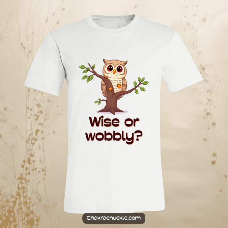 Funny owl yoga t-shirt featuring a curious owl attempting a wobbly tree pose, capturing a moment of focused, yet humorous, effort.