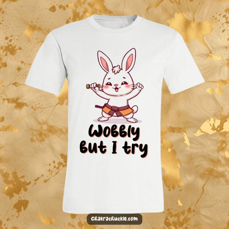 Funny kawaii rabbit t-shirt with an amused bunny striking a hilariously wobbly yoga warrior pose, full of cute and clumsy energy.