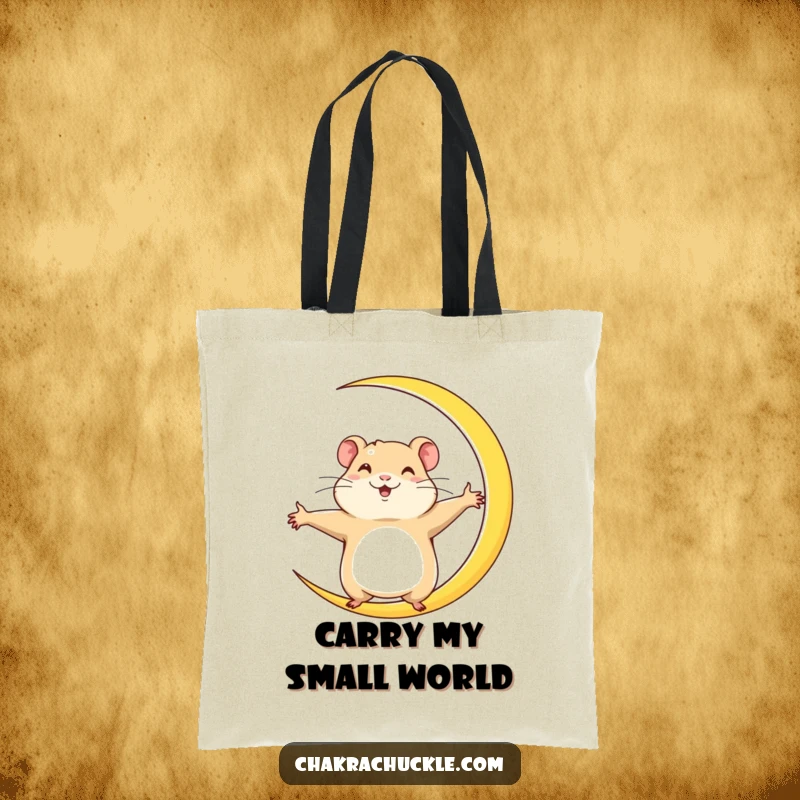 Funny Hamster Tote Bag: A determined hamster stretches wide into a crescent moon yoga pose, showing focus and ambition with joyful energy.