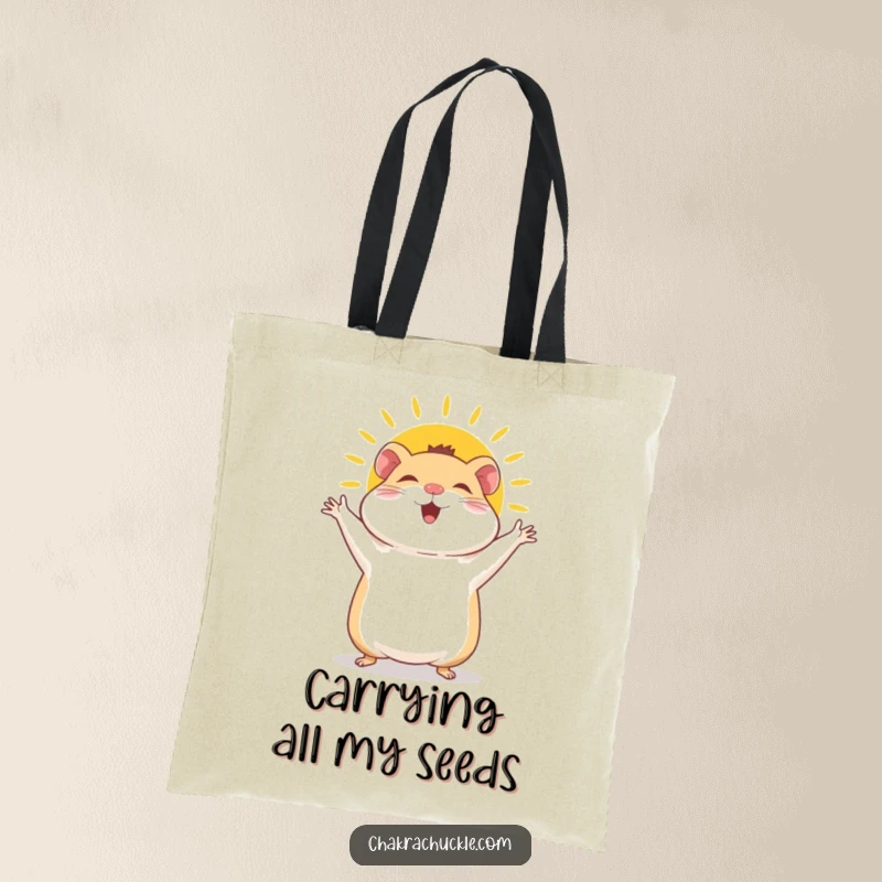 Funny Hamster Tote Bag: A giggly hamster joyfully performs a sun salutation, arms waving with boundless, cheerful energy and a bright smile.