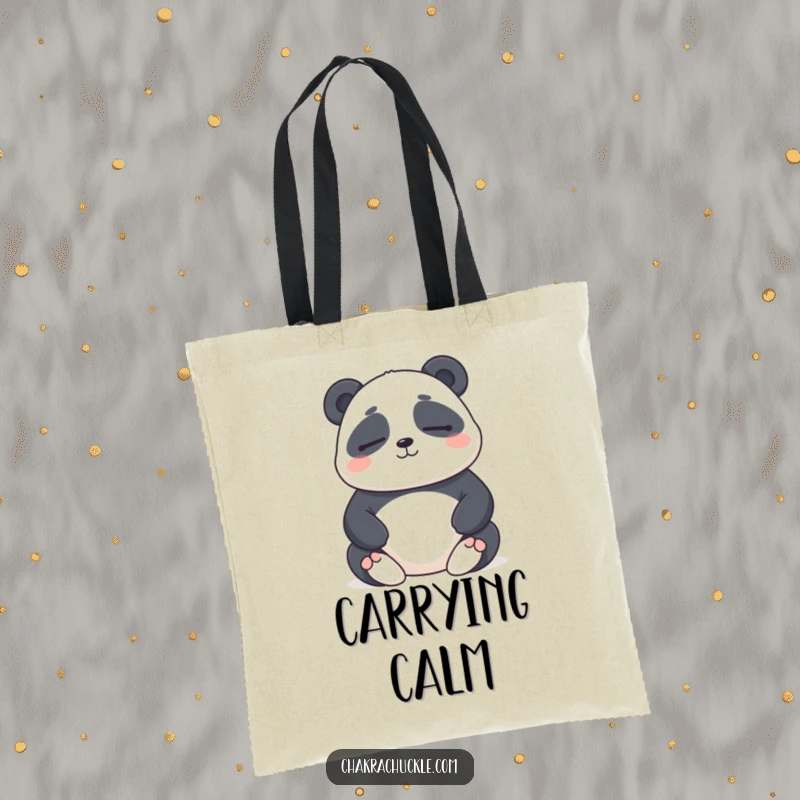 Funny tote bag with a chubby panda meditating with eyes closed and a gentle smile, perfect for carrying humorous and zen essentials.