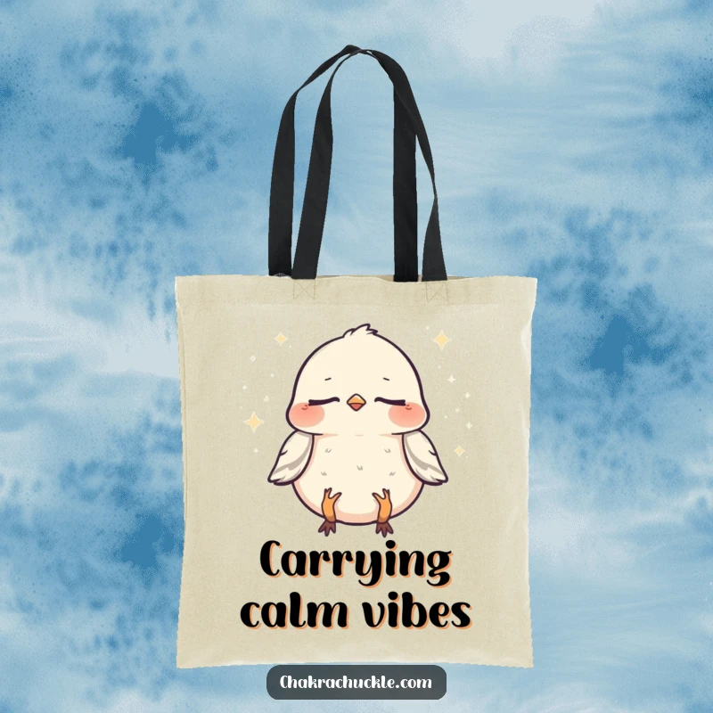 Funny Sparrow Zen Tote Bag: A chirpy sparrow meditating joyfully, sparkles all around, perfect for humorous, peaceful errands.