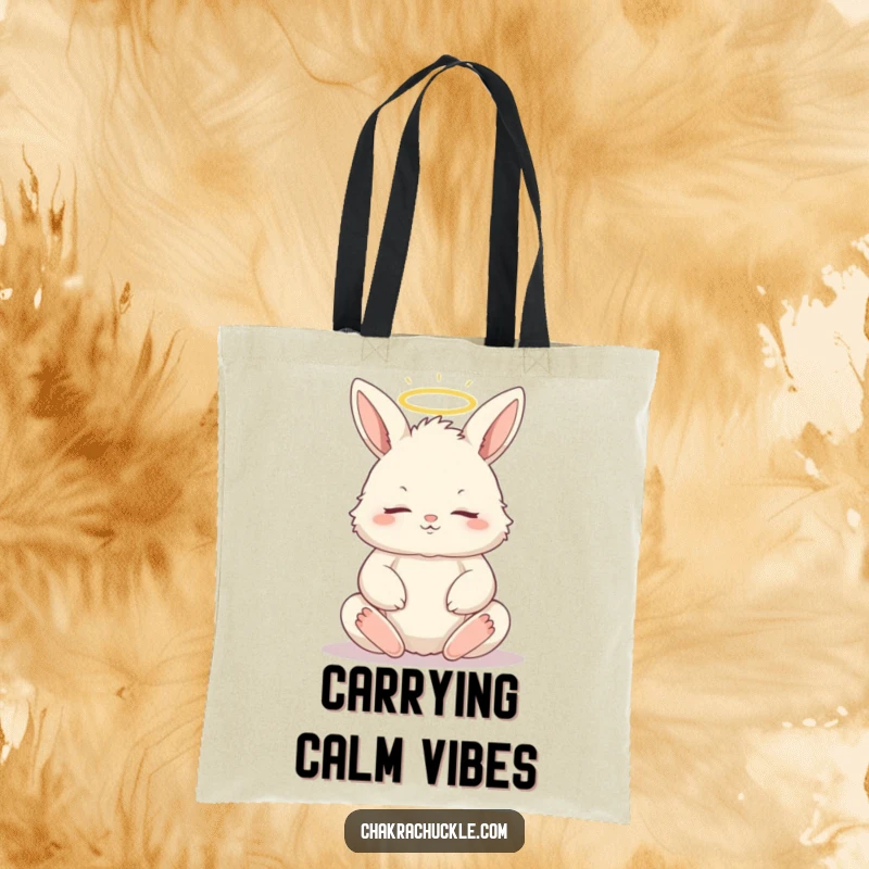 Funny tote bag showcasing a fluffy bunny in a meditative lotus pose, eyes closed, with a small halo, embodying peace.