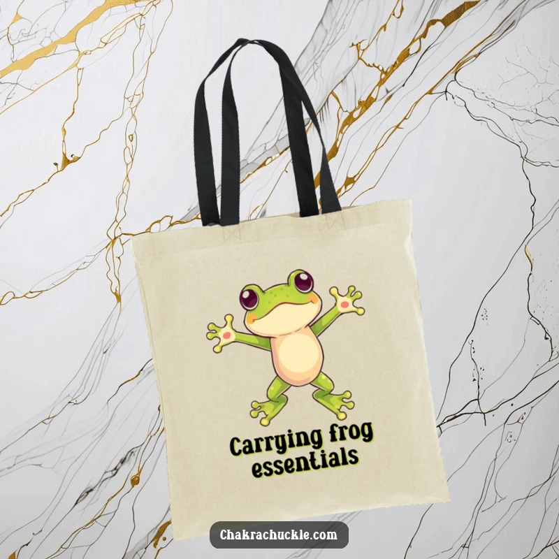 Funny tote bag featuring a frog in mid-air, arms open, embodying balance, excitement, and a humorous zest for life.