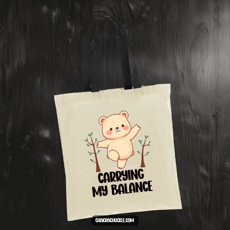 Funny tote bag showcasing a chubby bear hilariously balancing on one leg, arms like branches, perfect for carrying groceries with humor.