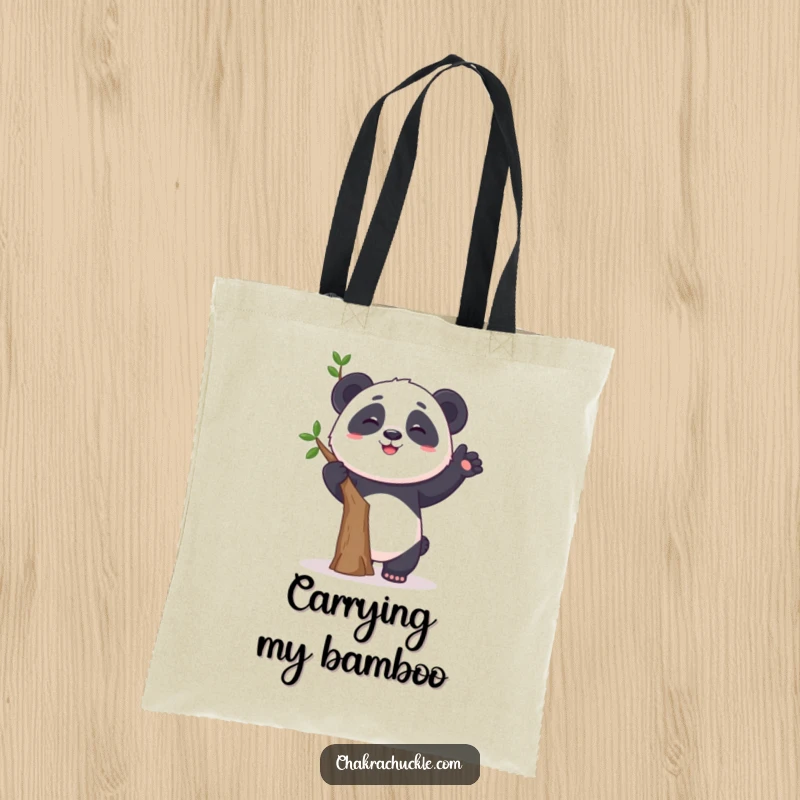 Funny tote bag featuring a curious panda humorously wobbling in a tree pose with a grin, perfect for carrying yoga mats.
