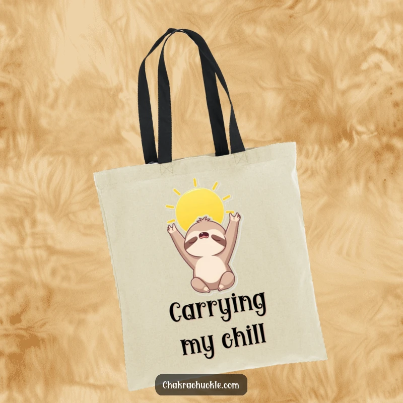 Funny tote bag featuring a sleepy sloth doing a sun salutation, reaching for the sky, symbolizing a relaxed and mindful approach.