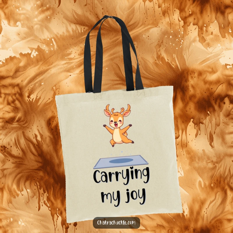 Funny kawaii deer yoga tote bag, a delighted deer leaping over a yoga mat with joyful abandon, ready for adventures.