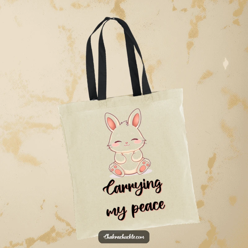 Funny fluffy bunny in a seated lotus pose, eyes closed, a peaceful smile, a durable and humorous tote bag.