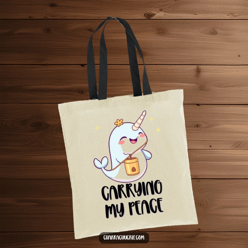 Funny narwhal tote bag joyfully blowing a meditation chime, making errands peaceful and humorous.