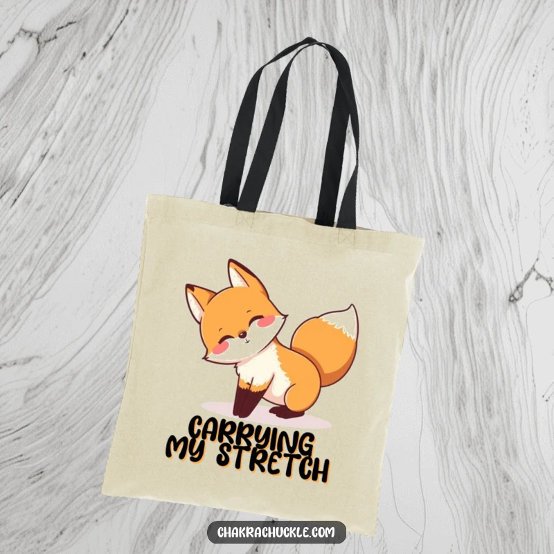 Funny tote bag showcasing a playful fox stretching into a downward-facing dog pose, tail wagging with enthusiasm.