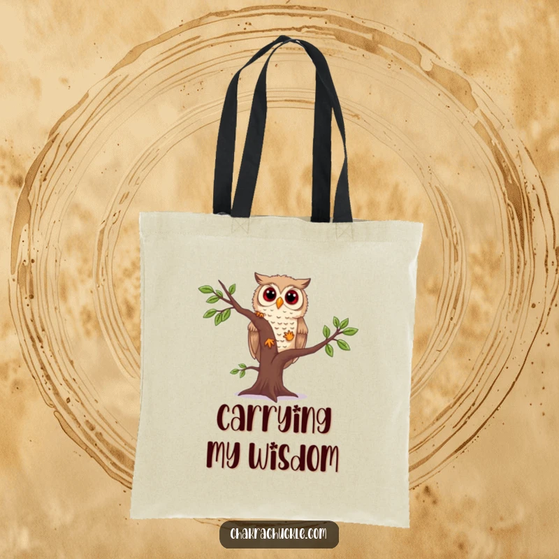Funny owl yoga tote bag featuring a curious owl in a wobbly tree pose, ideal for carrying books, groceries, or yoga mats.