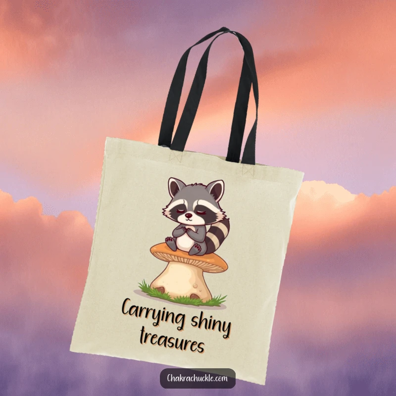 Funny Raccoon Tote Bag: A mischievous raccoon meditates serenely on a giant mushroom, eyes twinkling with playful wisdom and a hint of mischief.