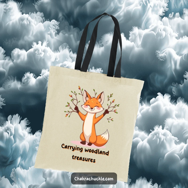 Funny smiling fox yoga tote bag, graceful tree pose active, branches reaching, perfect for nature adventures.