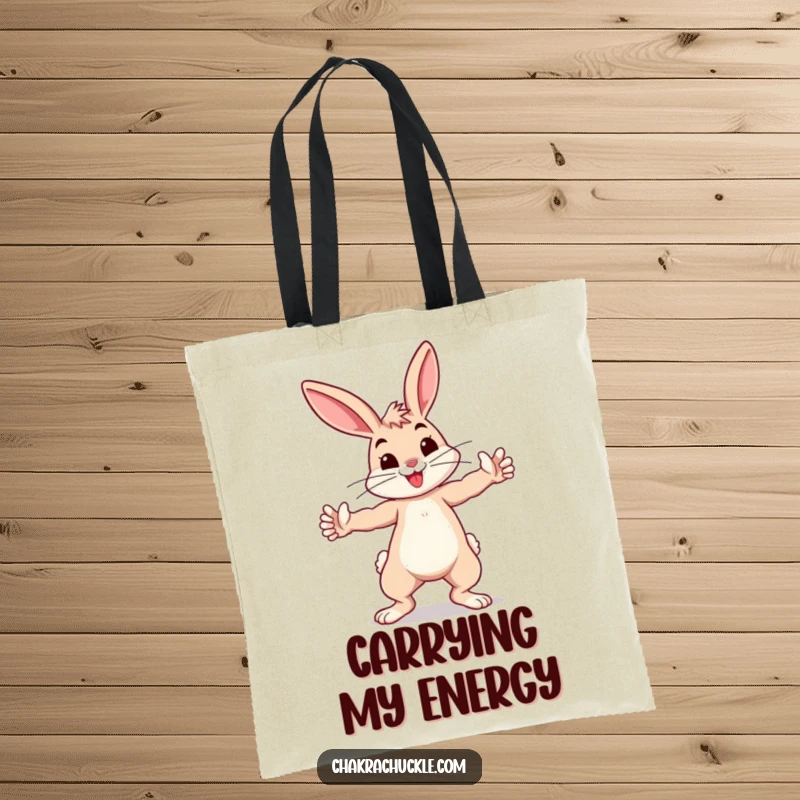 Funny bouncing bunny practicing a playful warrior pose, arms outstretched, on a durable tote bag.