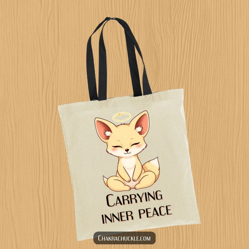 Funny Fennec Fox in a yoga lotus pose, eyes closed, halo, carried with essentials in a tote bag.