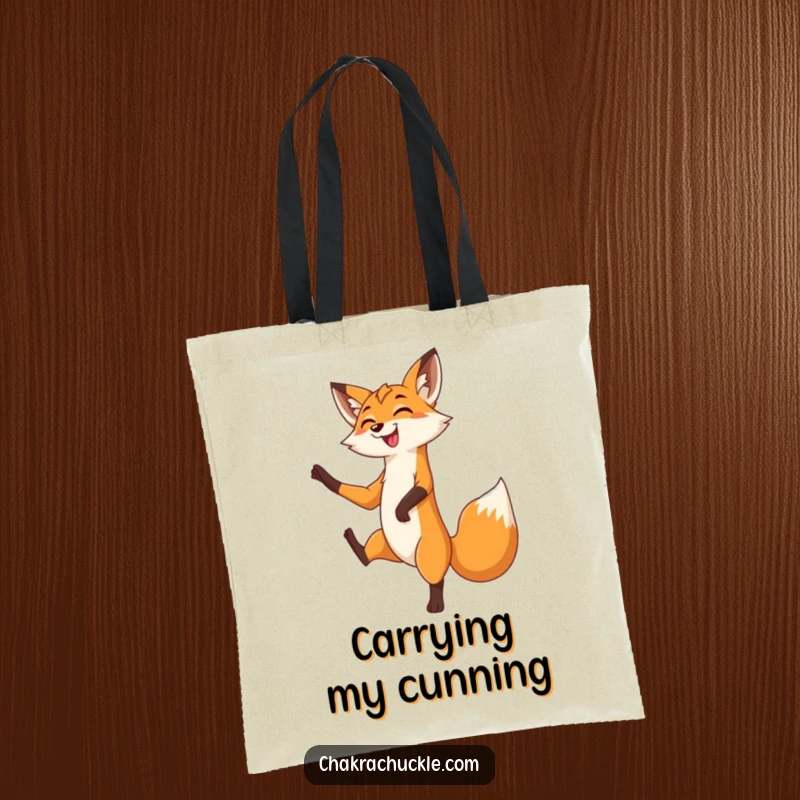 Funny Fox Tote Bag: A grinning fox gracefully balances in a tree pose, one leg lifted with playful poise and a sly smile.