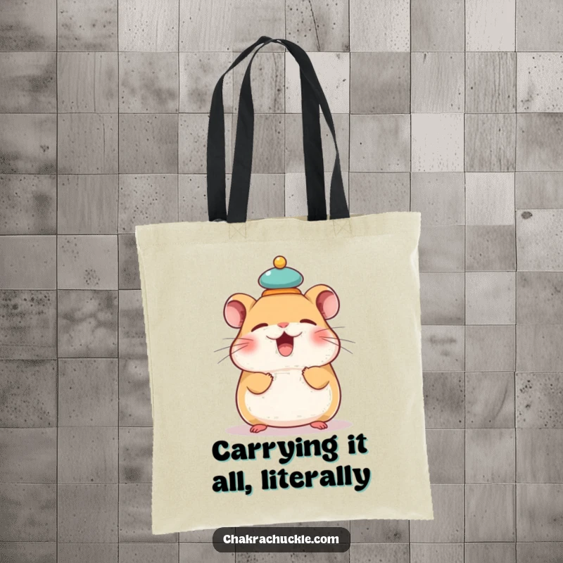 Funny tote bag with a giggling hamster balancing a tiny meditation cushion on its head, symbolizing humorous equilibrium.