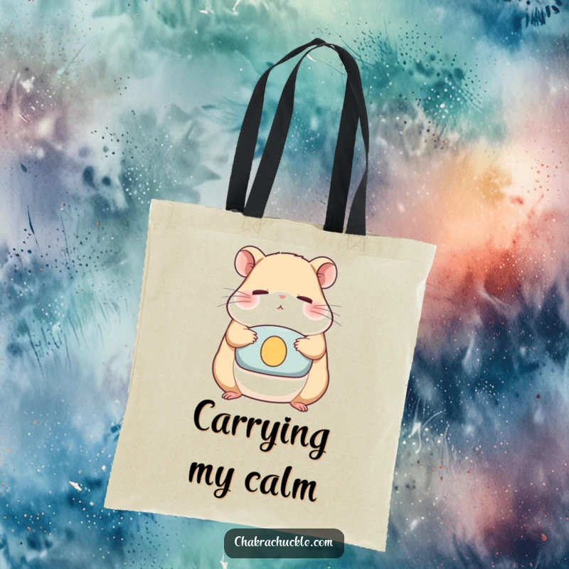 Funny Tote Bag with a determined hamster meditating serenely on a cushion, eyes closed, a humorous and practical accessory.