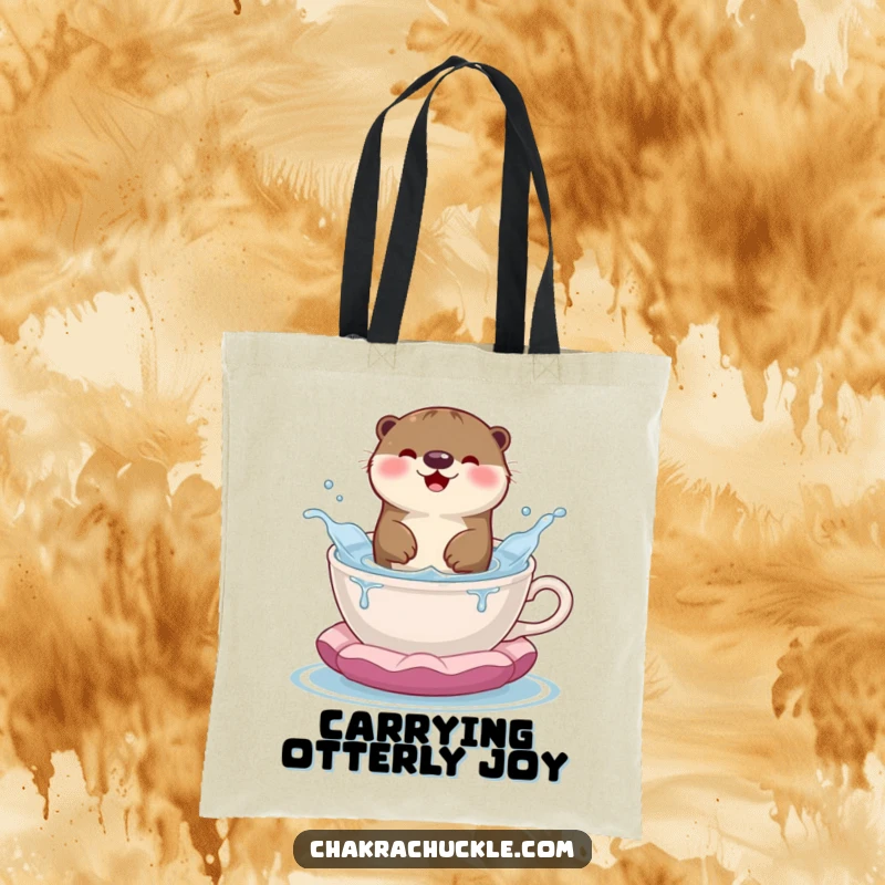 Funny tote bag illustrated with a happy otter splashing playfully in a teacup designed as a meditation cushion, ready for adventures.