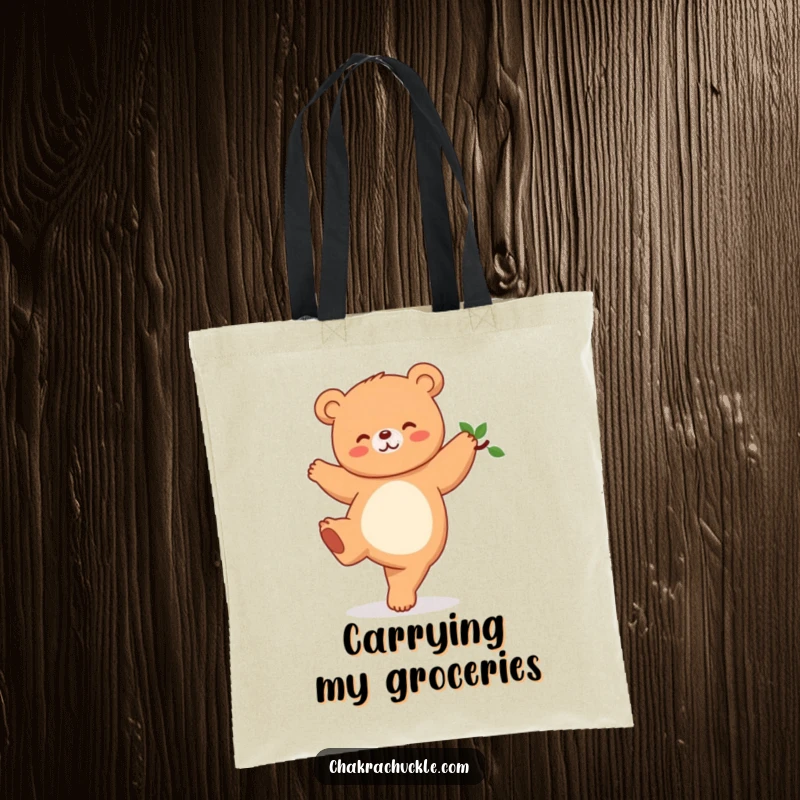 Funny Kawaii Bear Yoga Tote Bag with a cute giggling bear doing a tree pose, perfect for shopping or gym, a humorous gift.