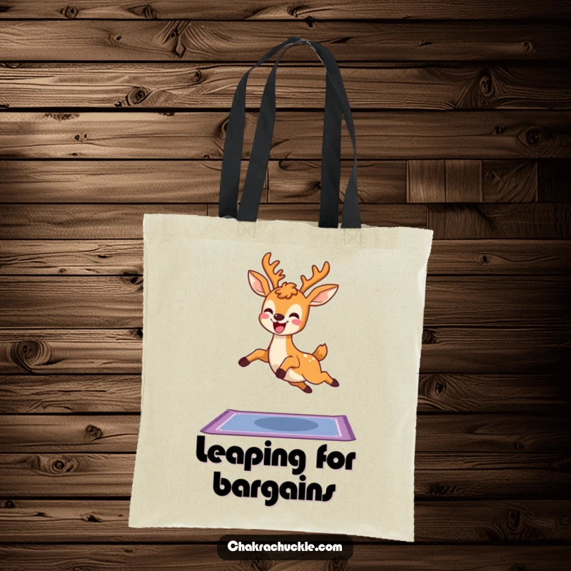Funny Kawaii Deer Yoga Tote Bag with a cute deer leaping joyfully over a yoga mat, perfect for shopping or gym, a humorous gift.