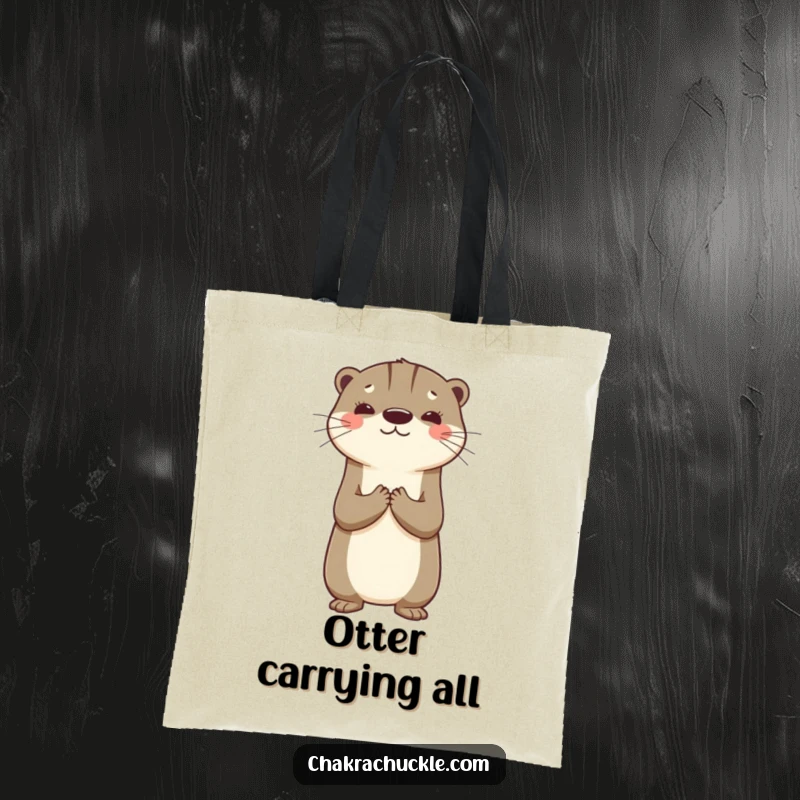 Funny tote bag featuring an otter doing a backstand, hands in prayer, perfect for carrying groceries with a smile and humor.