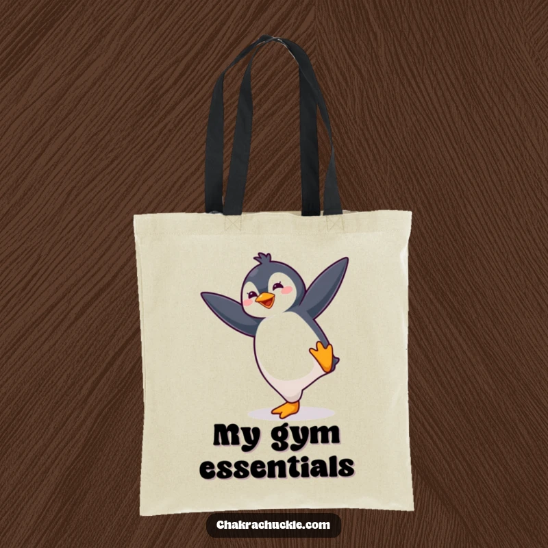 Funny kawaii penguin tote bag with a cute, bouncing penguin energetically striking a yoga balance pose, ideal for active people.