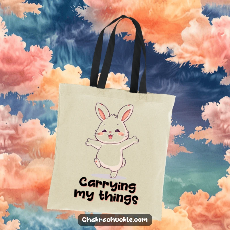Funny Rabbit Balance Tote Bag: Fluffy rabbit in a funny one-paw balance pose, a stylish and humorous accessory.