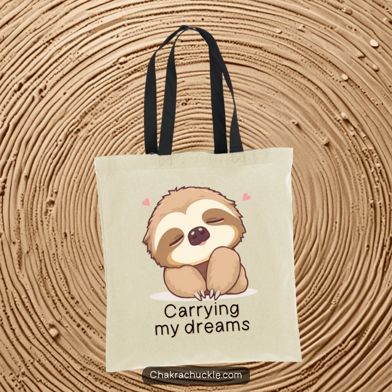 Funny Tote Bag depicting a sleepy sloth doing a gentle neck roll with a contented sigh, a humorous and practical accessory.
