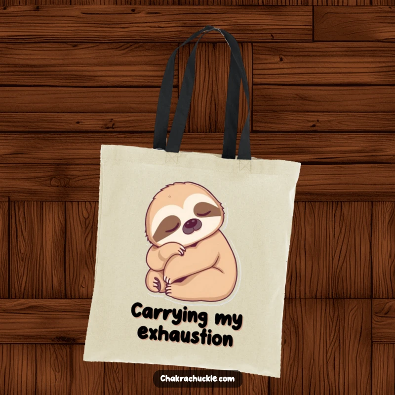 Funny Sloth Yoga Tote Bag featuring a sleepy sloth in a forward fold, ideal for carrying essentials with a humorous, calm vibe.