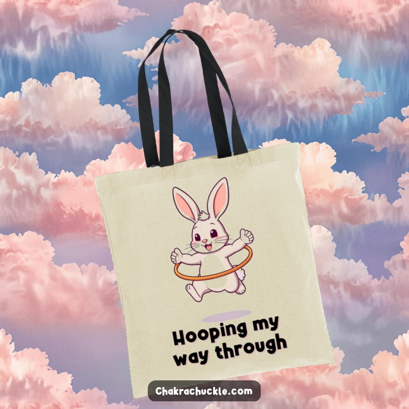 Funny tote bag featuring a cute bouncy bunny performing a warrior pose as it jumps through a hula hoop, full of energy.