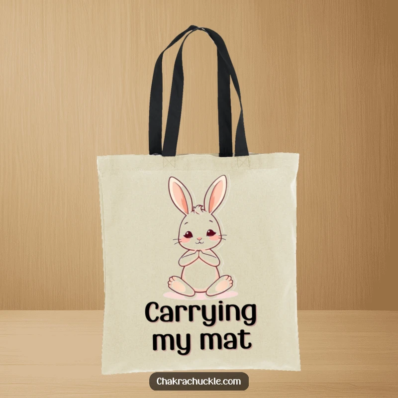 Funny tote bag with a cute bunny in a seated yoga pose, one leg extended, perfect for carrying humorous and zen essentials.