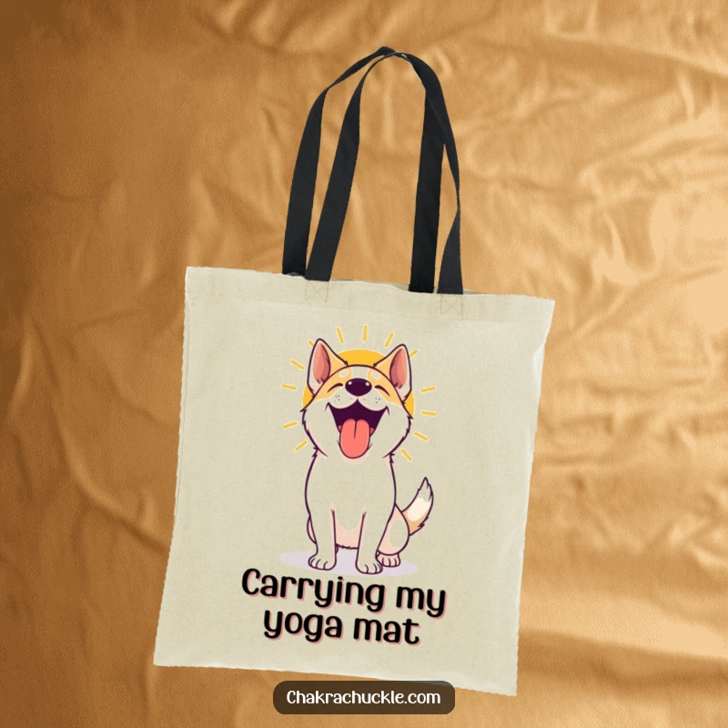 Funny yoga dog tote bag featuring an excited, panting dog celebrating a successful sun salutation, perfect for carrying groceries or yoga gear.