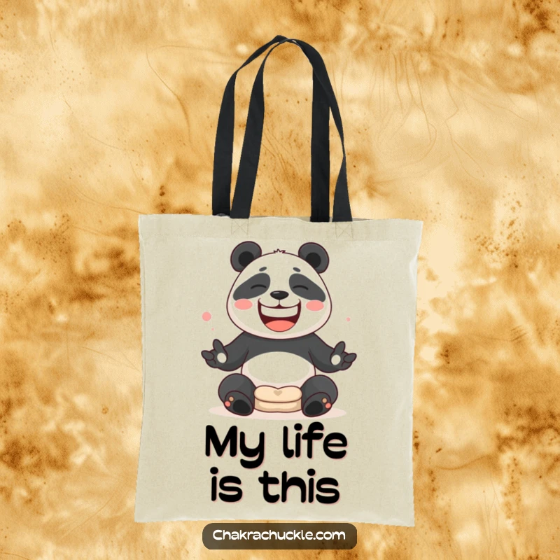 Funny Panda juggling meditation cushions with a wide, silly grin on a durable tote bag.