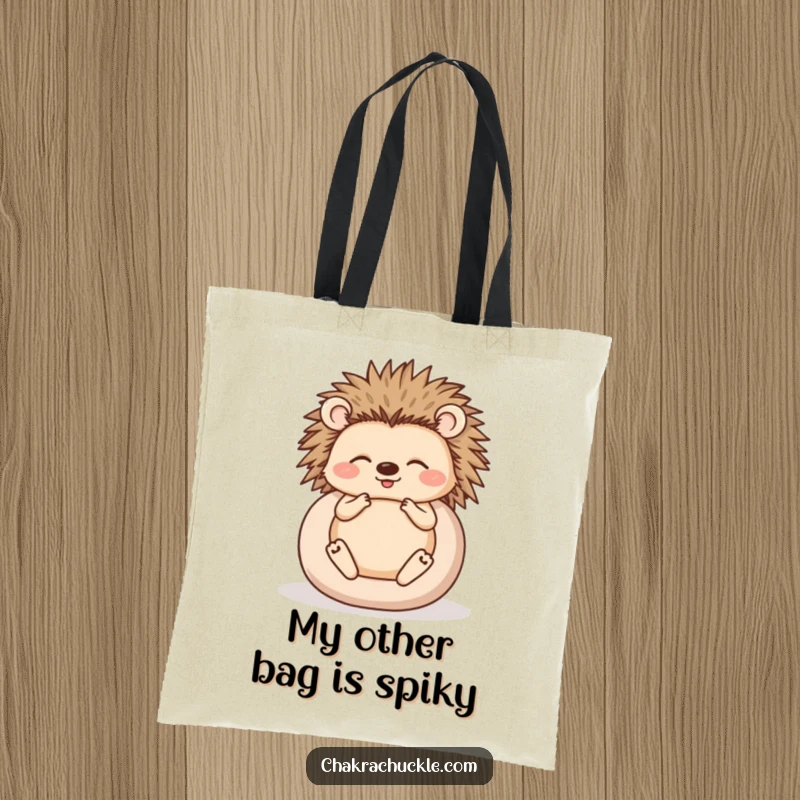 Funny tote bag with a happy hedgehog meditating, perfectly rolled into a ball, symbolizing humorous tranquility on the go.